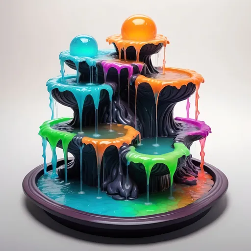 Prompt: A four-way fountain each side filled with strange glowing slime in many colors, in zen tangle art style
