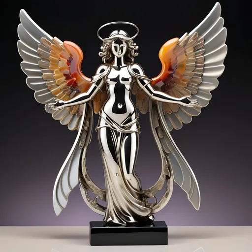 Prompt: Abstract metal tabletop sculpture in the shape of a biblical angel, platinum and onyx, bright solid colored background, high quality, metallic, modern, vibrant colors, detailed textures, professional lighting