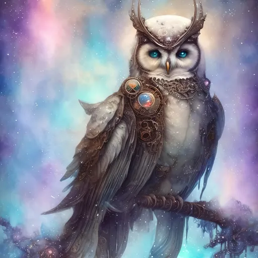 Prompt: ""<lora:Cosmic steampunk:1.0> Dreamy cloudy effect romantic very large white owl with icy snow background, sitting on a snow covered branch with icicles hanging from the branch, stylized, iridescent, intricate, fantastic, fantasia, fantasy, dreamy, watercolor, flared edges, beautiful bright white"