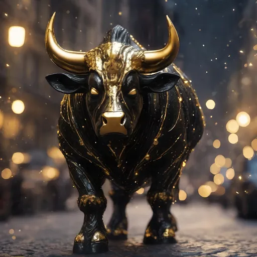 Prompt: A black and gold translucent dwarf bull humanoid made of black metal, in the city, highly detailed painting, photorealistic, sparkles, magical atmosphere, 8k