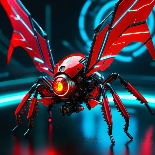 Prompt: Tiny jumping spider mech, metallic and sleek design, futuristic sci-fi style, detailed mechanical wings, intense red and black color scheme, sparkling neon lights, miniature scale, highres, ultra-detailed, sci-fi, futuristic, metallic sheen, mechanical wings, intense color scheme, miniature scale, neon lights, detailed design, professional, atmospheric lighting