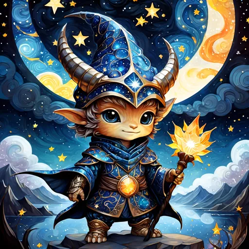 Prompt: an adorable chibi dragonborn wizard, dark starry night, gorgeous eyes, stained glass, fantasy illustration, textured with large visible brush strokes, detailed scales, hypermaximalism, astral patterns, star lit sky, masterpiece, breathtaking intricate details, in the style of Andreas Lie, van Gogh, Hokusai, Luke Gram, Albert Robida, Victo Ngai