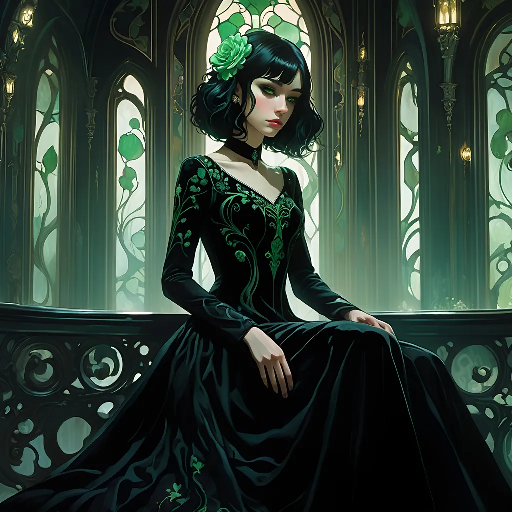 Prompt: Mead Schaeffer and Agnes Cecile style, a lonely girl sitting on an eerie art nouveau decorated room, in an beautiful black velvet dress. She has piercing green eyes, beautiful black hair, night, 4k, high quality, thick black eyelashes, a complex stunning portrait of a girl with high detail