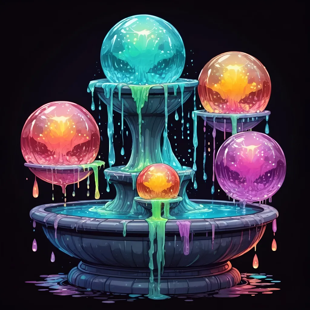 Prompt: A four-way fountain each side filled with strange glowing dancing crystal sphere dripping slime in many colors, in zen tangle art style
