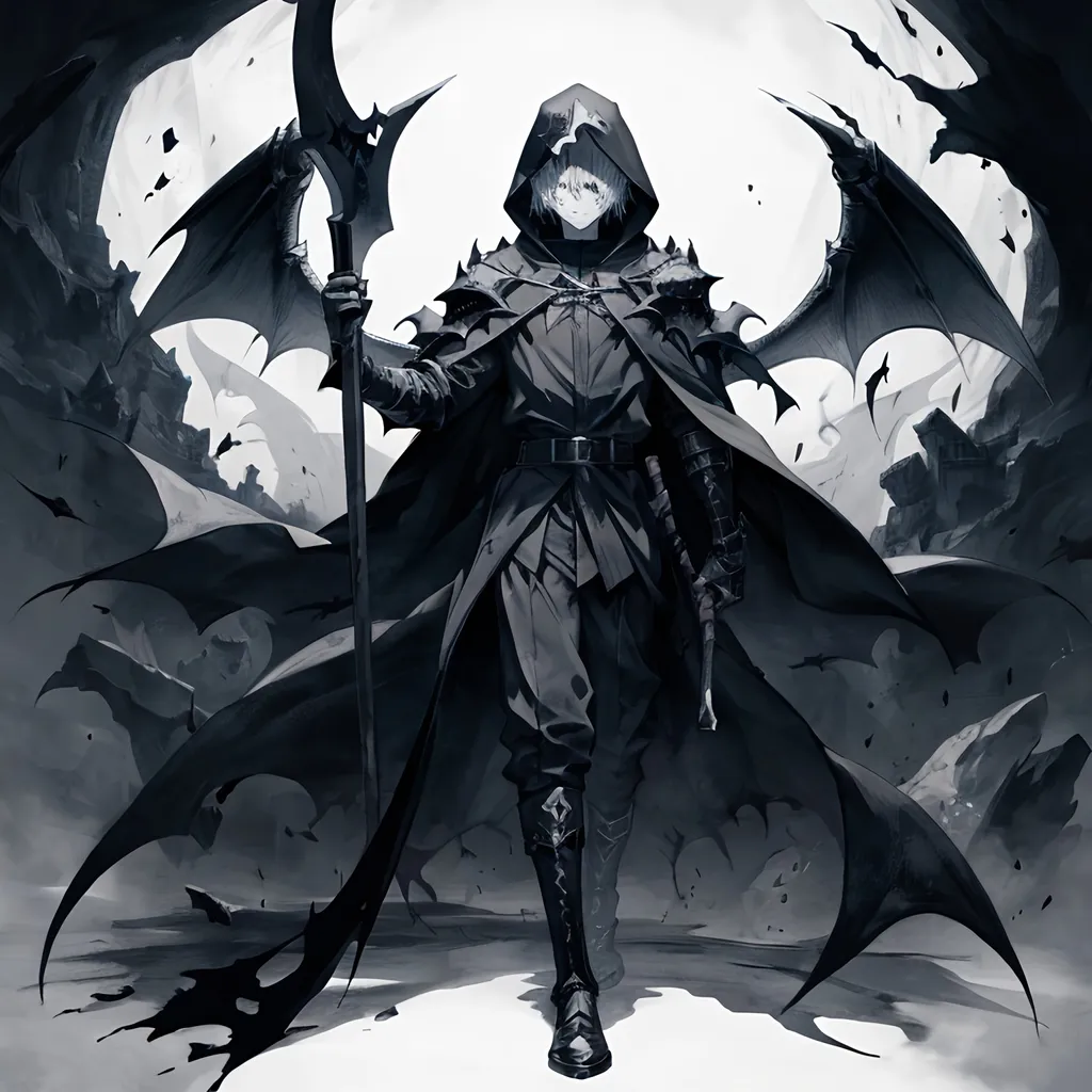 Prompt: 1boy, a drawing of a boy wielding a scyth, with hood on his head, with black ink splatters around him, with big black wing, Alice Prin, gothic art, official art, a manga drawing, full body, black and white color