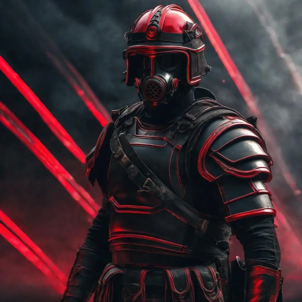 Prompt: A modern roman military male in black military armor covered in red L.E.D. strips, galea helmet of roman armor, and gas mask, background World War 3, Hyperrealistic, sharp focus, Professional, UHD, HDR, 8K, Render, electronic, dramatic, vivid, pressure, nervous vibe, loud, tension, dark, Epic