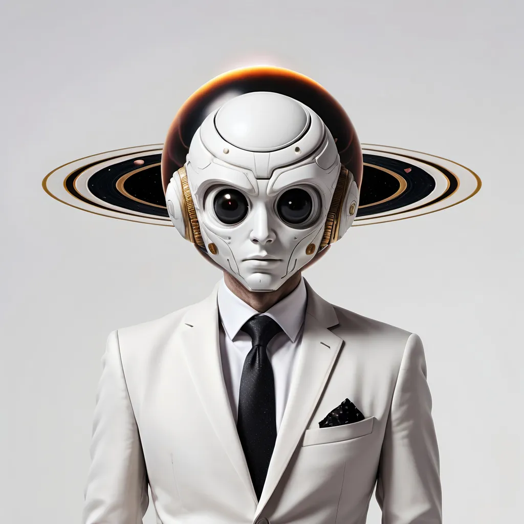 Prompt: a heliocentric humanoid with a head made of the planet Saturn, orbiting planets around head, rings, white background, hyperrealistic, wearing a suit, dynamic cinematic composition, full profile