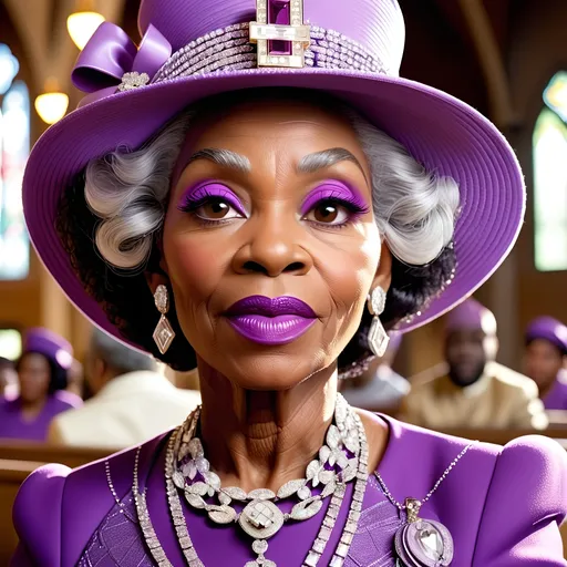 Prompt: elderly black woman in church. Wearing purple hat and purple church outfit.Wearing diamond encrusted purse, diamond chains and diamond rings. Purse is full of 100 dollar bills. Close up.