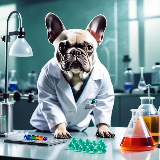 Prompt: <mymodel>French Bulldog synthesizing chemicals in a lab coat in a laboratory setting.