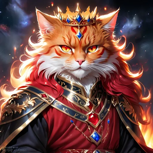 Prompt: warrior king cat with {black fur} and {ruby red eyes}, senior male cat, fire element, wearing crown and kings robes, flame, Erin Hunter, gorgeous anime portrait, beautiful cartoon, 2d cartoon, beautiful 8k eyes, elegant {red fur}, pronounced scar on chest, fine oil painting, modest, gazing at viewer, beaming red eyes, glistening red fur, low angle view, zoomed out view of character, 64k, hyper detailed, expressive, timid, graceful, beautiful, expansive silky mane, deep starry sky, golden ratio, precise, perfect proportions, vibrant, standing majestically on a tall crystal stone, hyper detailed, complementary colors, UHD, HDR, top quality artwork, beautiful detailed background, unreal 5, artstaion, deviantart, instagram, professional, masterpiece