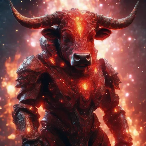 Prompt: A red dwarf bull humanoid made of the element fire with beautiful features surrounded by glowing embers, highly detailed painting, photorealistic, sparkles, magical atmosphere, 8k