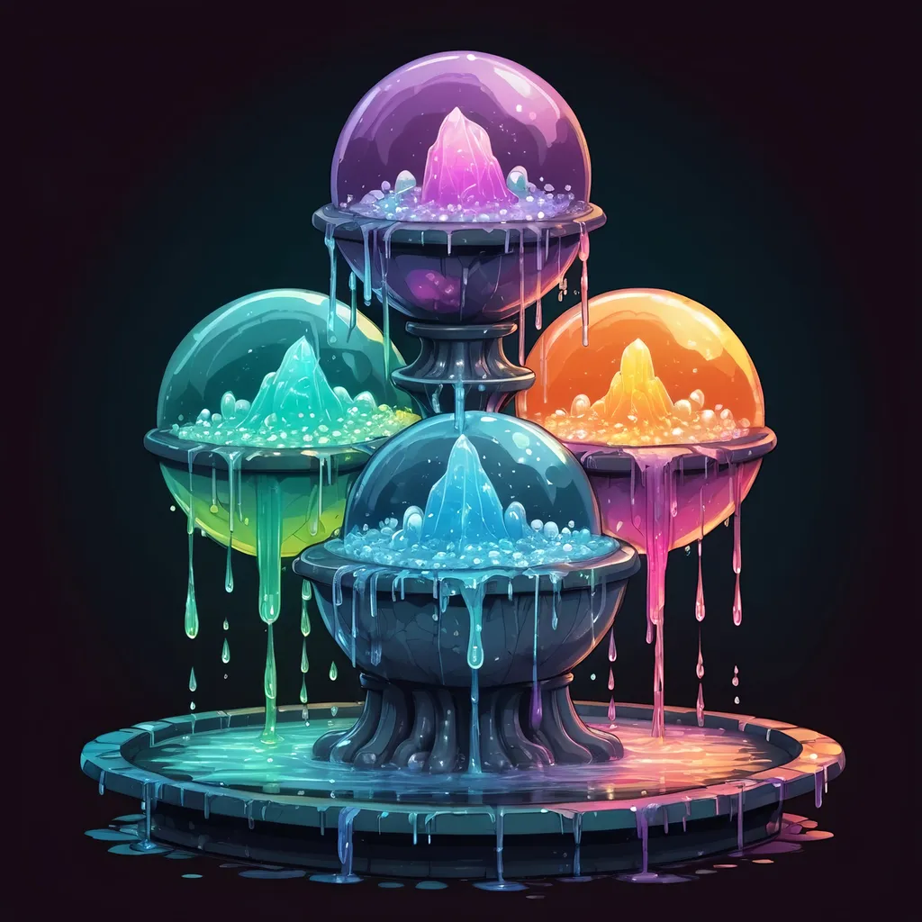 Prompt: A four-way fountain each side filled with strange glowing dancing crystal sphere dripping slime in many colors, in zen tangle art style
