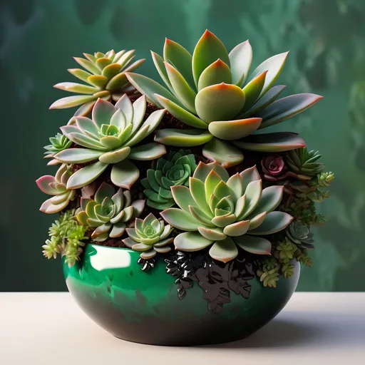 Prompt: Onyx and emerald pot with succulents, rich textures, high-quality, detailed 3D rendering, modern, lush greenery, elegant design, vibrant colors, natural lighting