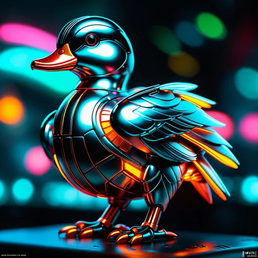 Prompt: Tiny mandarin duck mech, metallic and sleek design, futuristic sci-fi style, sparkling neon lights, miniature scale, highres, ultra-detailed, sci-fi, futuristic, metallic sheen, intense color scheme, miniature scale, neon lights, detailed design, professional, atmospheric lighting