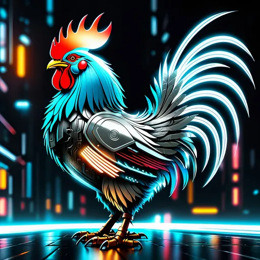 Prompt: Futuristic sci-fi illustration of a metallic rooster mech, sleek design, detailed metal textures, high-tech enhancements, intense and focused gaze, cool-toned lighting, urban cyberpunk setting, best quality, highres, ultra-detailed, sci-fi, futuristic, metallic, sleek design, detailed textures, intense gaze, cool-toned lighting, cyberpunk