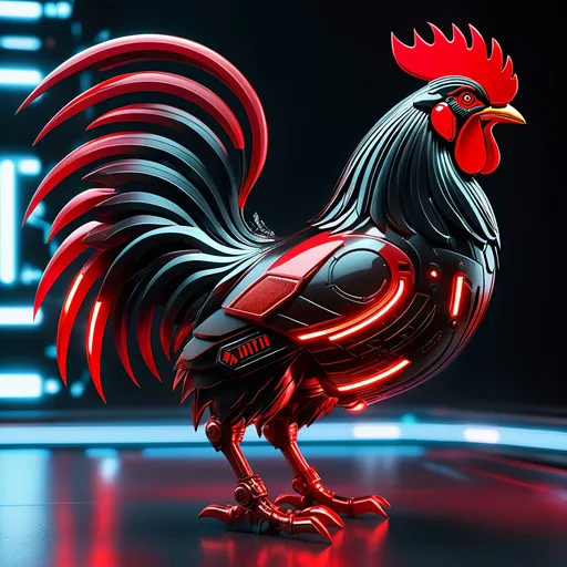 Prompt: rooster mech, metallic and sleek design, futuristic sci-fi style, intense red and black color scheme, sparkling neon lights, miniature scale, highres, ultra-detailed, sci-fi, futuristic, metallic sheen, intense color scheme, miniature scale, neon lights, detailed design, professional, atmospheric lighting