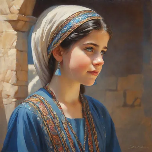 Prompt: A 13 years old Syrian girl, pale skin, black neatly braided hair, blue eyes, traditional Syrian dress, Old Damascus, photorealistic, extremely detailed painting by Greg Rutkowski by Steve Henderson