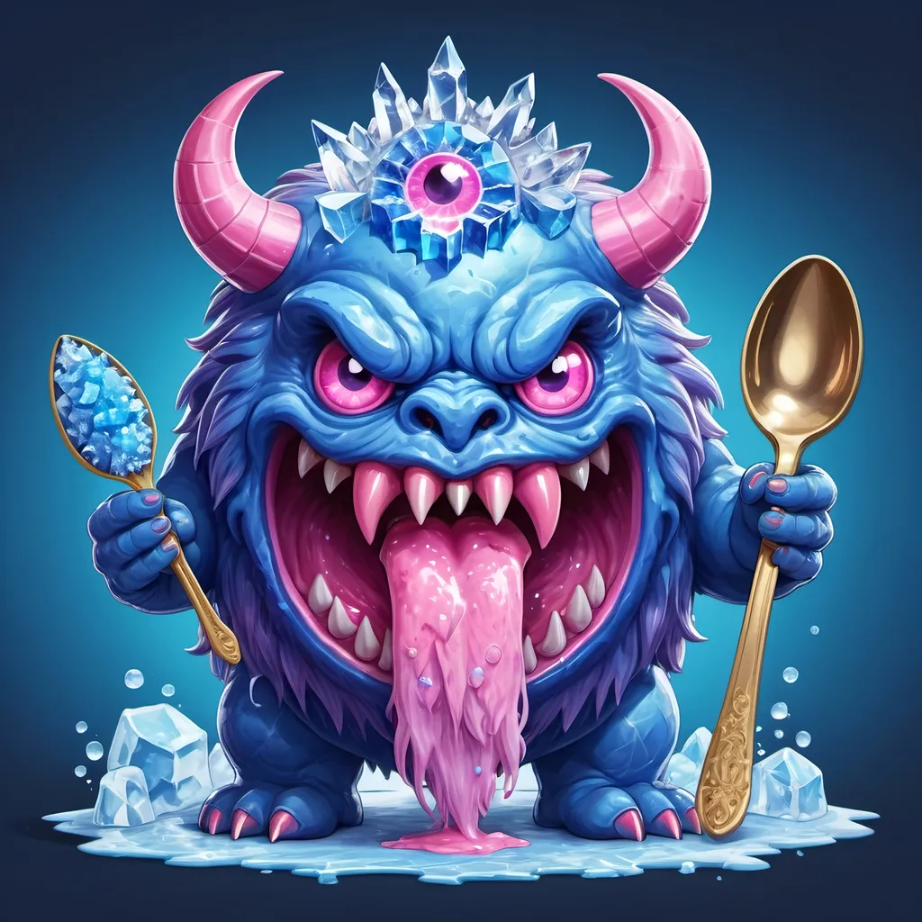 Prompt: A round behemoth with royal blue slime-like skin and a pink tongue and evil eyes with a mane of electric-blue ice crystals holding a oversized spoon, in  magical art style