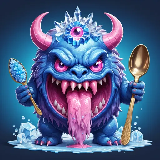 Prompt: A round behemoth with royal blue slime-like skin and a pink tongue and evil eyes with a mane of electric-blue ice crystals holding a oversized spoon, in  magical art style