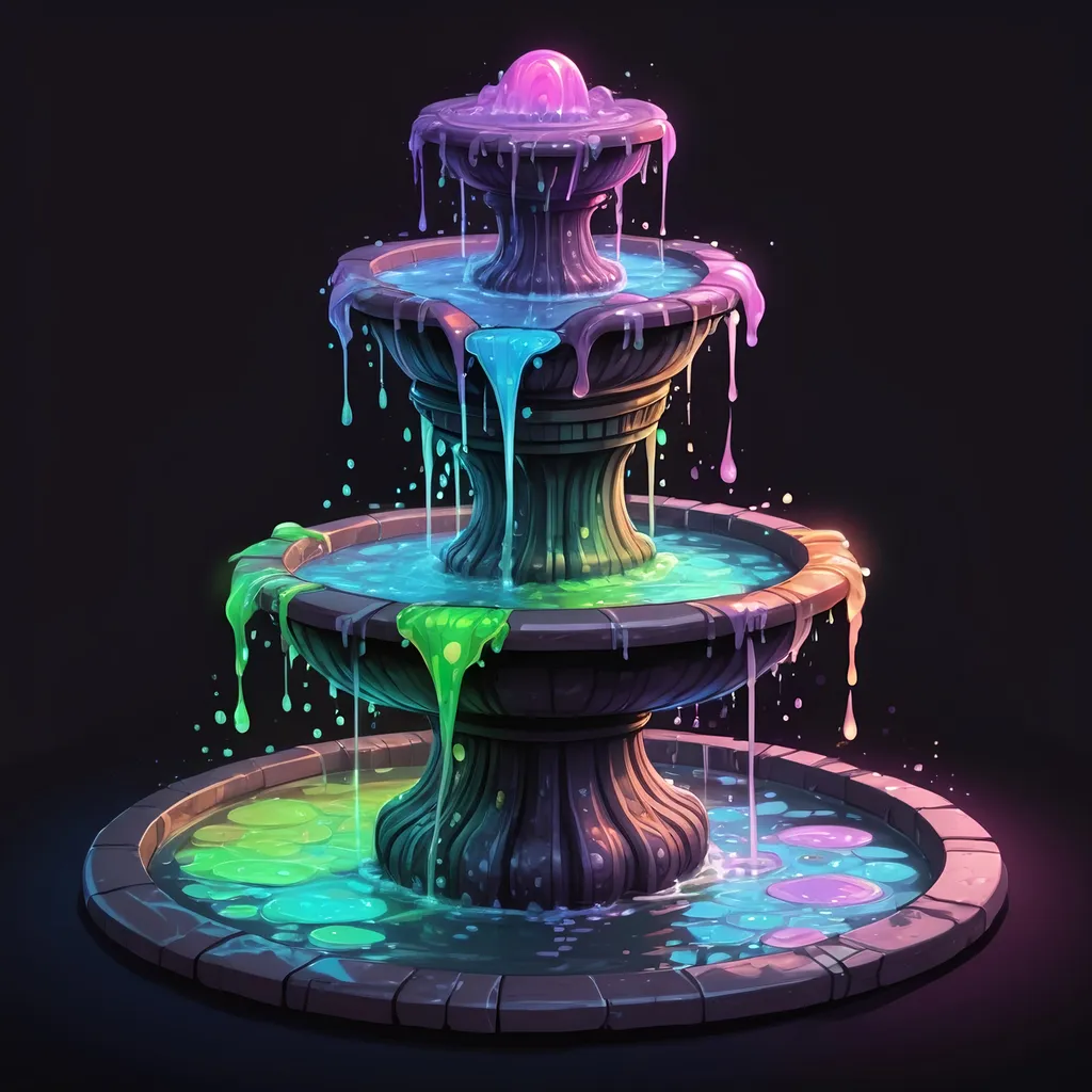 Prompt: A four-way fountain each side filled with strange glowing slime in many colors, in zen tangle art style
