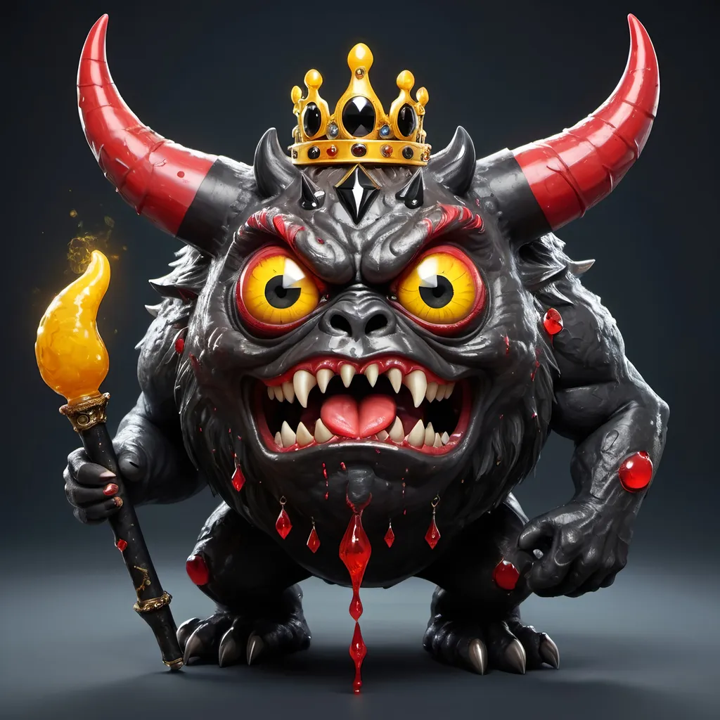 Prompt: A round behemoth with racing red slime-like skin and a yellow tongue and evil eyes with a mane of black onyx crystals holding a oversized crack pipe, wearing a tiara in  magical art style