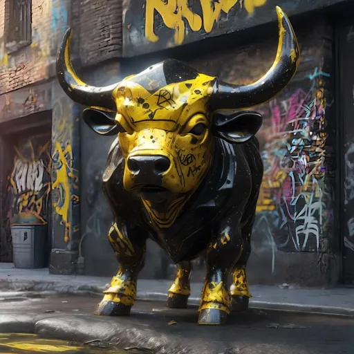 Prompt: A black and yellow translucent dwarf bull humanoid made of black carbon fiber, graffiti all over it, standing up in the ghetto, highly detailed painting, photorealistic, sparkles, magical atmosphere, 8k