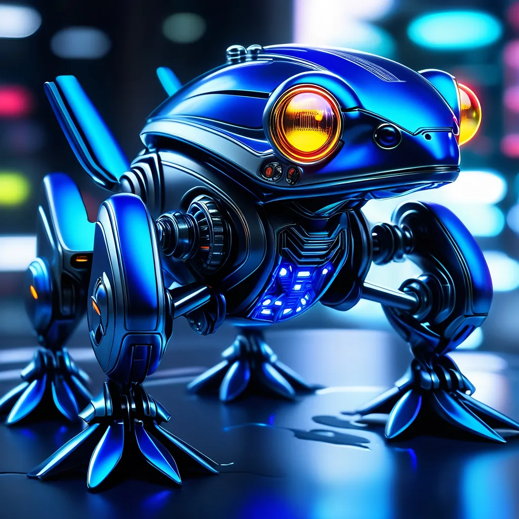 Prompt: Tiny frog mech, metallic and sleek design, futuristic sci-fi style, intense royal blue and white color scheme, sparkling neon lights, miniature scale, highres, ultra-detailed, sci-fi, futuristic, metallic sheen, intense color scheme, miniature scale, neon lights, detailed design, professional, atmospheric lighting