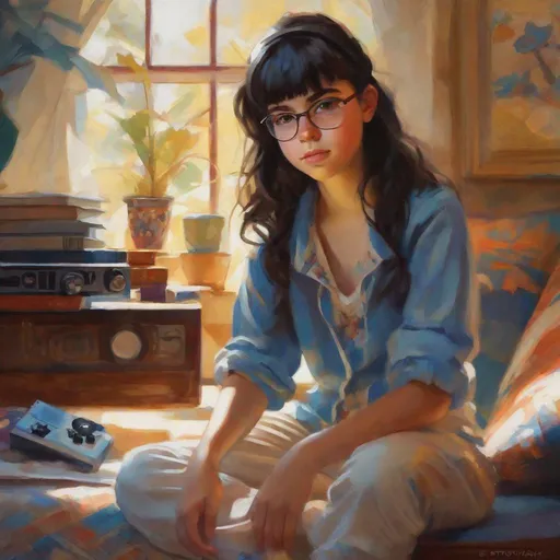 Prompt: 13 years old girl, Portuguese, pale skin, black hair, bangs, brown eyes, nerdy, pajamas, gamer, stylized, extremely detailed painting by Greg Rutkowski by Steve Henderson