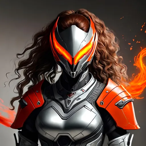 Prompt: lean Caucasian female with long curly brown hair and a scarred face, wearing silver biomechanical warframe armor. She is surrounded by glowing red mist. Behance HD, airbrush art