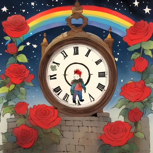 Prompt: in the style of sumi-e Outside a grand castle under a starry sky a cute adventurer with a rainbow mohawk gazes at a celestial time clock surrounded by red and black roses 