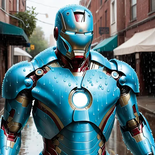 Prompt: Baby blue Iron Man suit that is covered in water droplets.