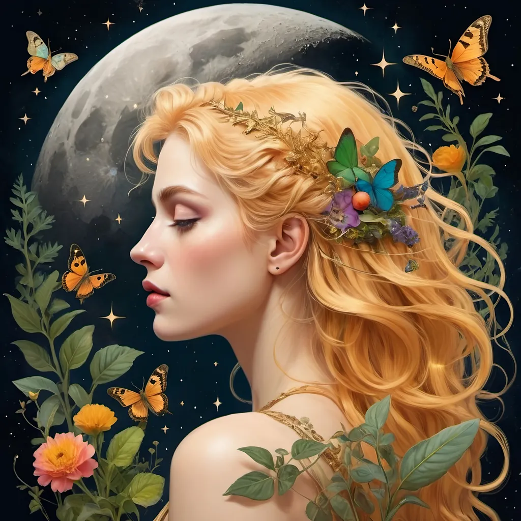 Prompt: A profile beautiful and colourful picture of Persephone with pure gold hair surrounded by plants, moths and animals framed by the moon and constilations