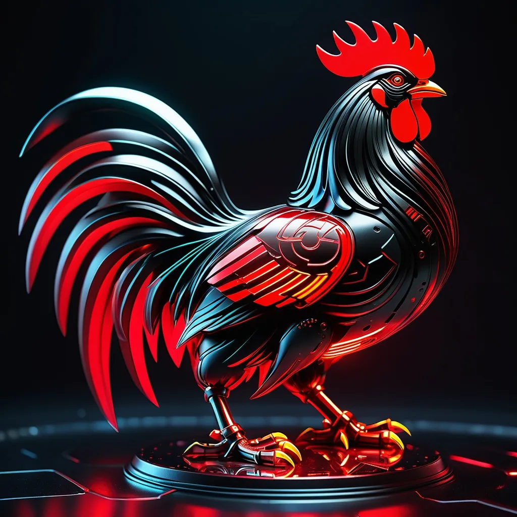 Prompt: rooster mech, metallic and sleek design, futuristic sci-fi style, intense red and black color scheme, sparkling neon lights, miniature scale, highres, ultra-detailed, sci-fi, futuristic, metallic sheen, intense color scheme, miniature scale, neon lights, detailed design, professional, atmospheric lighting