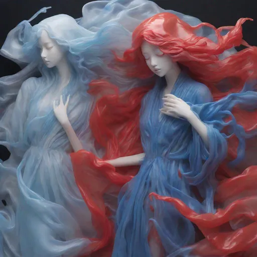 Prompt: red and blue Poltergeist ghostly figures, silouet plastic, slumped/draped, xiaofei yue, hurufiyya, in the style of ethereal calm and serene beauty, mysterious beauty, wrappedbio-art, Artgerm 