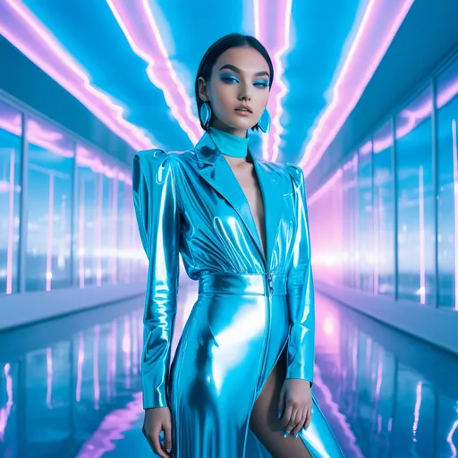 Prompt: another chalcedony balletcore haute couture fashion shoot that is dripping with bright colored lights, carbonated themed, in the style of y2k aesthetic, YlnMn blue, psychedelic surreal minimalism, i can't believe how beautiful this is, snapshot aesthetic, luminous skies, mirrored, Fuji film eterna vivid, Zeiss lens, Canon EOS R7 