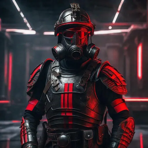 Prompt: A modern roman military male in black military armor covered in red L.E.D. strips, galea helmet of roman armor, and gas mask, background World War 3, Hyperrealistic, sharp focus, Professional, UHD, HDR, 8K, Render, electronic, dramatic, vivid, pressure, nervous vibe, loud, tension, dark, Epic