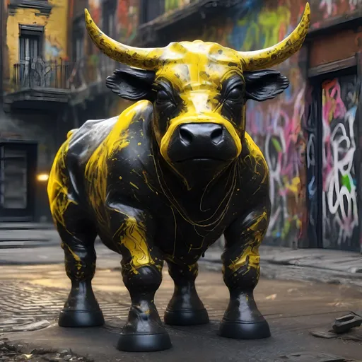 Prompt: A black and yellow translucent small dwarf bull humanoid made of black carbon fiber, graffiti all over it, standing up in the ghetto, highly detailed painting, photorealistic, sparkles, magical atmosphere, 8k