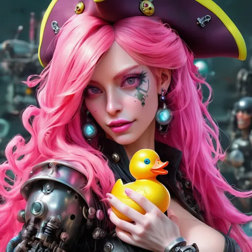 Prompt: Beautiful cybernetic female pirate with long pink hair and a small cybernetic rubber duck.