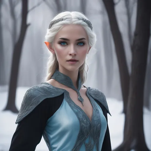 Prompt: In the heart of the wintry landscape, the elven sorceress's figure embodies an elegant yet robust form, defined by a graceful curvature that hints at both strength and ethereal beauty. Her slender neck slopes down to shoulders adorned with delicate features, each curve complementing the next in a symphony of elven grace. The fabric of her silk ensemble drapes and contours over her figure, accentuating the gentle lines of her frame without overshadowing her natural poise.

Her countenance holds an otherworldly allure—the sculpted features of her face resonate with an ethereal quality. High cheekbones frame her visage, leading to a softly angled jawline that speaks of both determination and finesse. A slender nose sits centrally, an elegant bridge leading to full, yet perfectly proportioned, lips that bear the subtlest hint of a smile.

Her cerulean eyes, framed by dark lashes, hold a depth that seems to reflect the very essence of the wintry landscape. They possess a mesmerizing quality, an iridescent shimmer akin to frozen pools, revealing a wisdom that transcends time itself. Above these captivating orbs, arched brows add an air of mystique, perfectly framing her gaze.

The gradient of her hair, transitioning from a deep, rich blue at its roots to a pristine, glistening white, cascades in elegant waves down her back. Each strand seems to capture the essence of the winter season—fluid, yet frozen in time.

Her slender arms and hands, adorned with faint tracings of the same neon blue Viking runes, bear testament to a history steeped in ancient magic. Long, delicate fingers hold a natural grace, hinting at the finesse required to wield the intricate powers at her command.

This description aims to capture the intricate details of her face and body, highlighting the delicate yet powerful features that define her mystical presence amidst the wintry landscape.