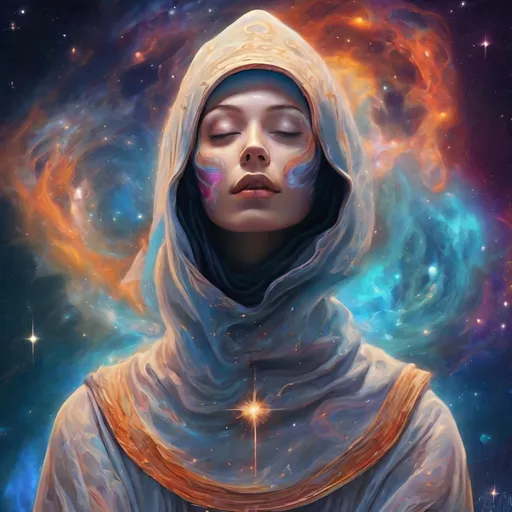 Prompt: Nun exhaling galaxies and stars, surreal digital art, cosmic theme, vibrant and vivid colors, high-contrast, detailed facial features, ethereal lighting, nebula-like swirls, mystical atmosphere, celestial, digital painting, surreal, cosmic, ethereal, vibrant colors, high contrast, detailed facial features, celestial lighting