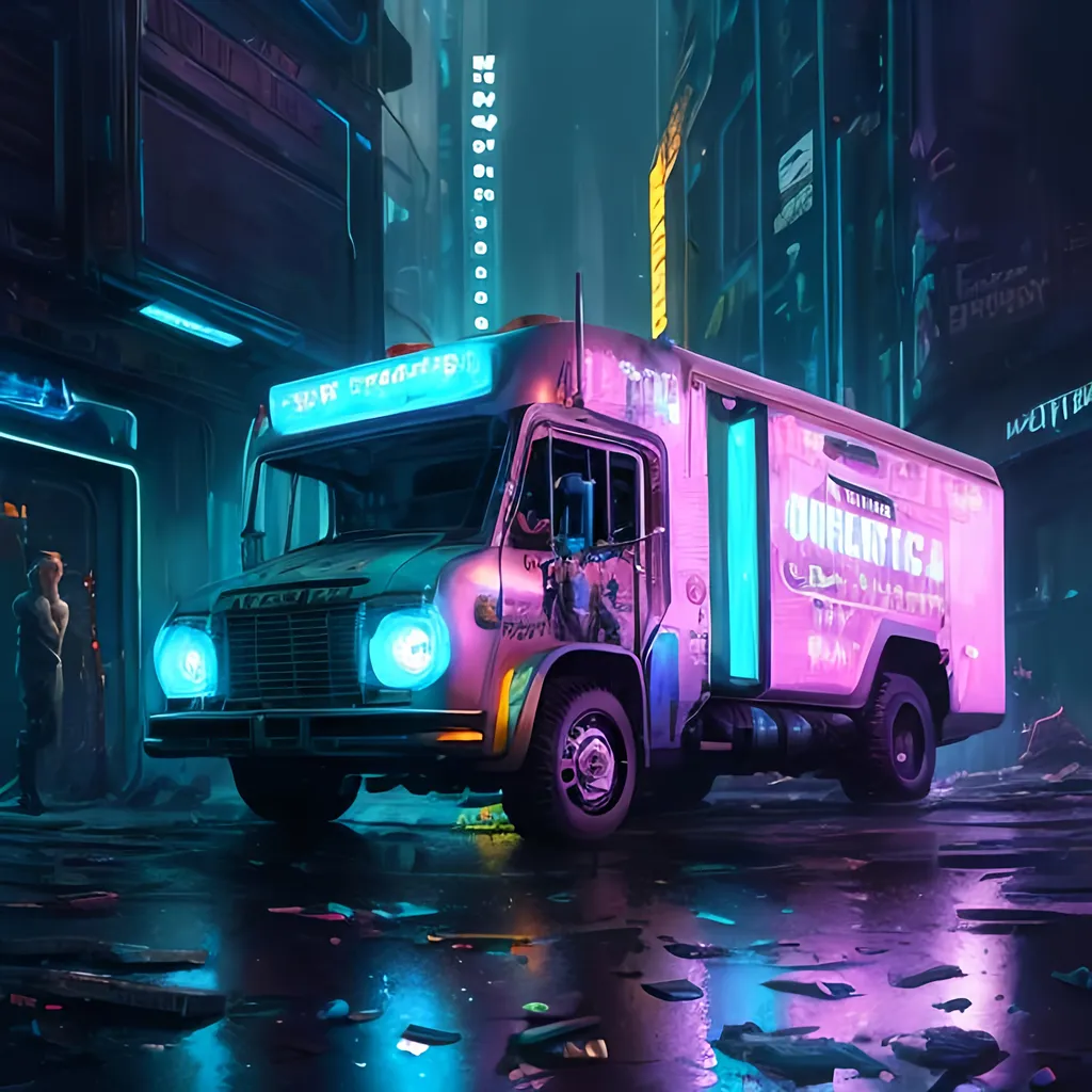 Prompt: "a cyberpunk ice cream truck, black velvet painting, artwork by Greg Rutkowski, John Berkey, Alexander Jansson, Kuvshinov, WLOP, Artgerm, trending on ArtStationHD. octane render, greg rutkowski, hyper realism, high detail, octane render, vervia, 8k"