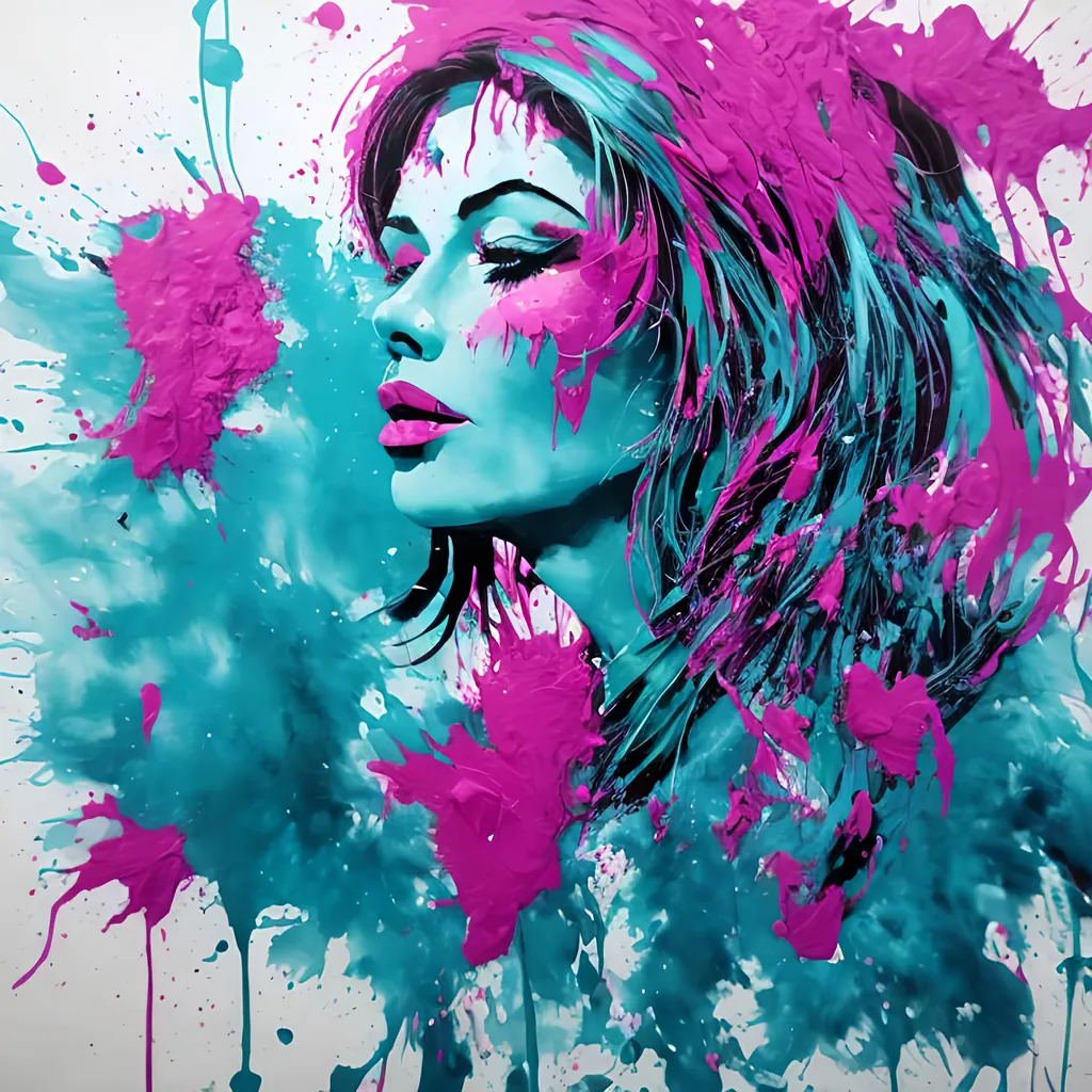 Prompt: woman, magenta and turquoise paint splatter