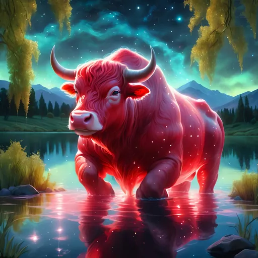 Prompt: An fantasy red translucent dwarf bull humanoid that is glowing on a lake surrounded by willows. Starry night. Bioluminescent. Beautiful. Majestic. Graceful. Terrifying. Powerful. Highly detailed painting. 8k.