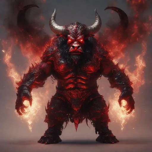 Prompt: A red and black translucent dwarf bull humanoid made of the element fire in hell, highly detailed painting, photorealistic, sparkles, magical atmosphere, 8k