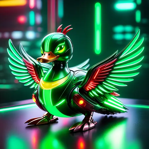 Prompt: small kawaii style duck mech, metallic and sleek design, futuristic sci-fi style, intense green and red color scheme, sparkling neon lights, mech wings, miniature scale, highres, ultra-detailed, sci-fi, futuristic, metallic sheen, intense color scheme, miniature scale, neon lights, detailed design, professional, atmospheric lighting