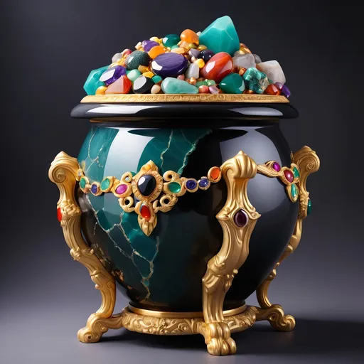 Prompt: giant Onyx and gold pot overflowing with gemstones  and treasures inside.