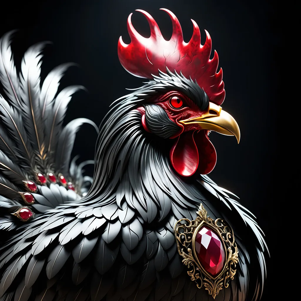 Prompt: Sinister rooster made of onyx and rubies, dark and foreboding atmosphere, high quality, gothic, detailed feathers, menacing gaze, glowing ruby eyes, onyx body with intricate details, shadowy lighting