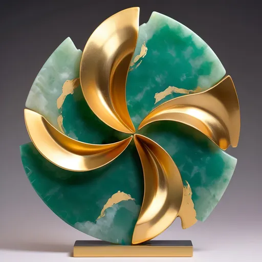 Prompt: abstract metal  tabletop sculpture, jade and gold, bright solid colored background