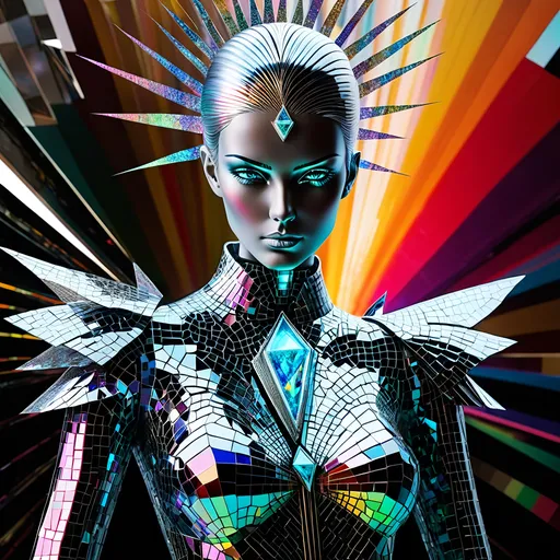 Prompt: A majestic lady, her form ingeniously crafted from a myriad of shattered CDs, standing amidst a garage sale in a prism-punk utopia. This ethereal figure, a mosaic of reflective fragments, exudes an aura of serene omnipotence. The CDs, once symbols of a technological past, now repurposed, give her a radiant, holographic appearance. The surrounding environment is a fusion of vivid colors and geometric shapes, embodying the quintessence of prism-punk aesthetics. Imagine a time-lapse effect at play, where the world around her moves in accelerated motion: people perusing the garage sale blur into swift, fluid movements while she remains a tranquil, unchanging beacon amidst the hustle. Sunlight catches on her fragmented form, casting kaleidoscopic patterns that dance across the utopian landscape. This scene encapsulates ultimate serenity within a dynamic, ever-changing world, symbolizing the timeless grace amidst the relentless passage of time. 