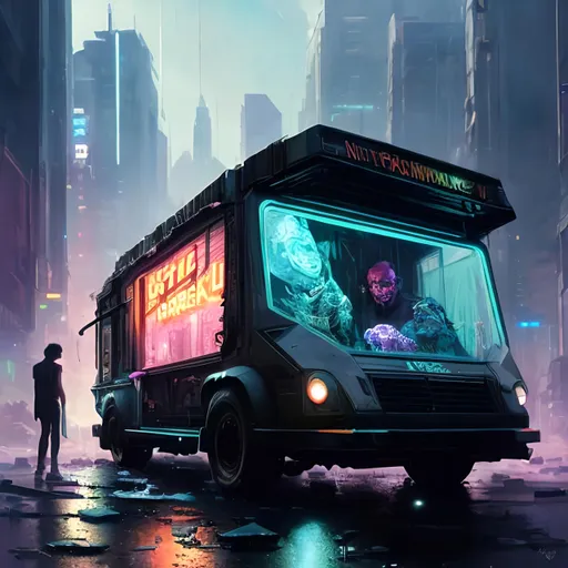 Prompt: "a cyberpunk ice cream truck, black velvet painting, artwork by Greg Rutkowski, John Berkey, Alexander Jansson, Kuvshinov, WLOP, Artgerm, trending on ArtStationHD. octane render, greg rutkowski, hyper realism, high detail, octane render, vervia, 8k"